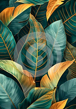 Subtle tropical leaf pattern, elegant summer background, muted green and gold tones