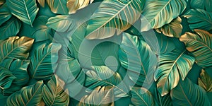 Subtle tropical leaf pattern, elegant summer background, muted green and gold tones