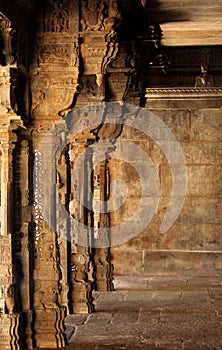 Subtlety of stone pillars of Jalakandeswarar temple hall