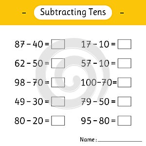Subtracting Tens. Math worksheets for kids. School education. Development of logical thinking. Mathematics
