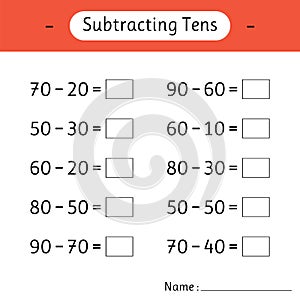 Subtracting Tens. School education. Mathematics. Development of logical thinking. Math worksheets for kids