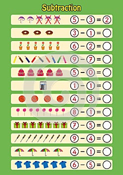 subtracting using pictures, math worksheet for kids