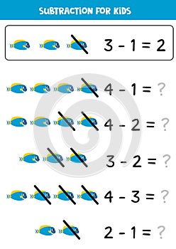 Subtraction with cute blue tang fish. Educational math game for kids