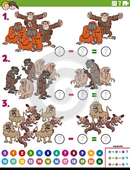Subtraction educational task with cartoon apes and monkeys photo