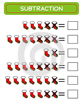 Subtraction. Math worksheet for kids. Developing numeracy skills. Solve examples and write. Mathematics. Vector