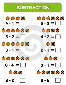 Subtraction. Math worksheet for kids. Developing numeracy skills. Solve examples and write. Mathematics. Vector