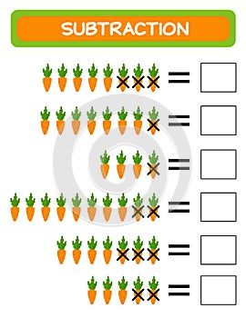 Subtraction. Math worksheet for kids. Developing numeracy skills. Solve examples and write. Mathematics. Vector