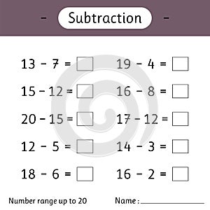 Subtraction. Number range up to 20. Math worksheet for kids. Solve examples and write. Mathematics. Developing numeracy skills