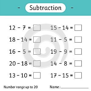 Subtraction. Number range up to 20. Mathematics. Math worksheet for kids. Solve examples and write. Developing numeracy skills