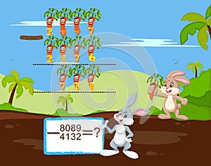 Subtractions in animal theme. Rabbits are calculating number of carrots