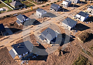 Suburb house construction, aerial viev. Home construction of ceramsite blocks.
