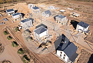 Suburb house construction, aerial viev. Home construction of ceramsite blocks. photo