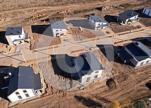 Suburb house construction, aerial viev. Home construction of ceramsite blocks. photo