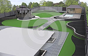 Suburb landscaping aerial perspective, 3d rendering
