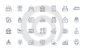 Suburb line icons collection. Community, Residential, Neighborhood, Family-friendly, Peaceful, Quiet, Tree-lined vector