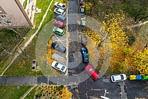Suburb parking place in residential zone at November, top view
