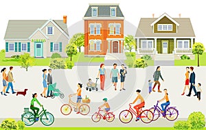 Suburb With Pedestrians And Families On The Sidewalk Illustration