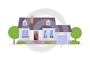 Suburban cottage house with garage icon on white