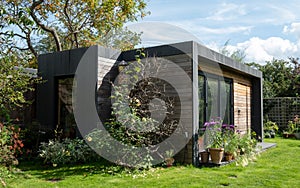 Suburban garden in Pinner, Middlesex UK with contemoorary garden studio with black and cedar cladding and green roof. photo