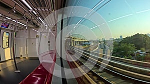 Suburban high speed electric passenger train. Interior empty carriage commuter. Modern comfortable transportation, View