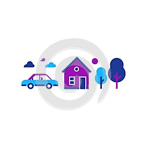 Suburban home with car, summer house, country side, real estate, vector icon