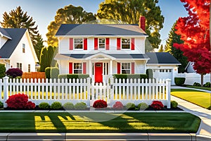 Suburban House Bathed in Golden Hour Light - Front Lawn Freshly Mowed, White Picket Fence, For Sale