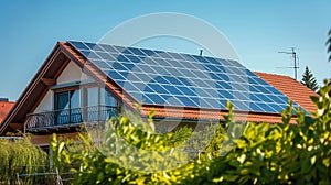 A suburban house with a full array of solar panels installed on the roof