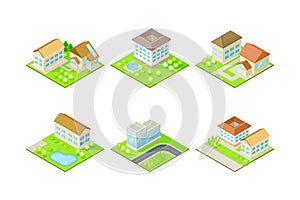 Suburban House with Greenways Isometric Cityscape Vector Set