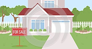 Suburban house for sale flat color vector illustration