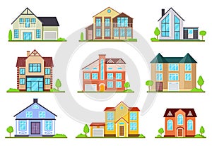 Suburban houses. Family house, village cottage. Outdoor architectural elements, modern buildings exterior. Flat vector