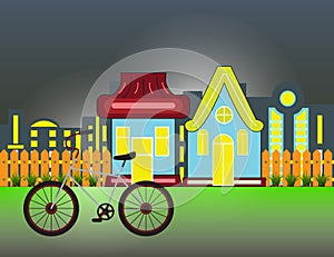 Suburban Houses Front View Building and bicycle with wooden fence and night city silhouette