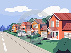 Suburban houses, residential real estate in suburbs. Homes in suburbia, city outskirts. Small town street with semi photo