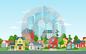 Suburban landscape. Urban architecture, small and big city buildings. Suburbans houses cartoon vector illustration. Countryside,