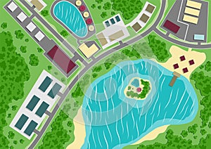 Suburban map. Village with lake, aerial view. Editable vector plan of generic residential area. GPS, city navigation