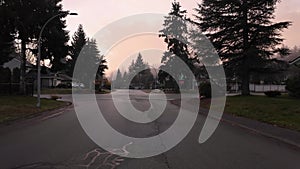 Suburban Neighborhood Street and Trees in Surrey. Fall Season, Sunset. Surrey, Vancouver, BC Canada