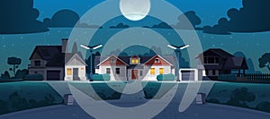 Suburban night street. Cartoon neighborhood country houses with lawn bushes and trees at night. Vector late evening town