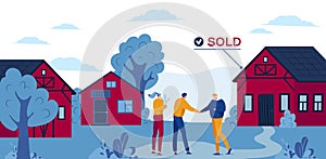 Suburban real estate vector illustration, cartoon flat realtor agent character handshaking with buyer people near house