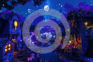 Suburban steampunk festival at night, cobalt moonlight over a pixel art stage, mythological origami decorations
