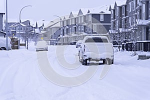 Suburban street in Calgary Canada after snow storm photo