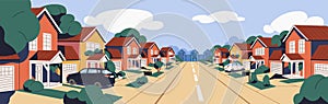 Suburban street with houses and road. Homes, garages in residential district of town, suburbs. Landscape, panorama of