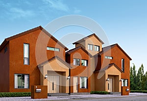 Suburban street with row of house.Gable roof house.