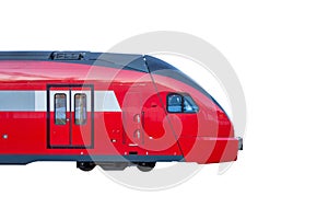 Suburban train passing at high speed, side view. Isolated on white background