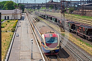 Suburban train stands at station