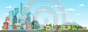 Suburban and urban cityscape. Modern city architecture, suburban or village houses and summer landscape vector