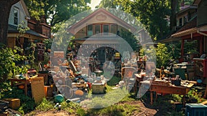 Suburban yard sale with vibrant characters haggling over secondhand items in sunlit setting