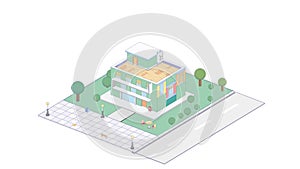 Suburbian buildings isometric compositions set with residential yards landscapes vector illustration