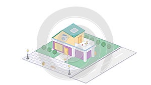 Suburbian buildings isometric compositions set with residential yards landscapes vector illustration photo