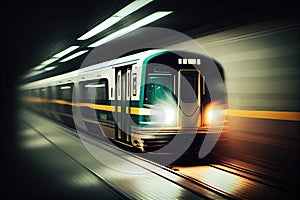 subway car, speeding through the tunnel, with blur of lights and shadows