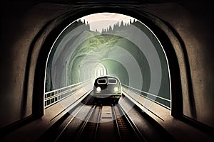 subway car, speeding through tunnel, with view of the outside world visible in the background