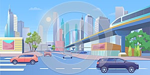 Subway city train vector illustration, cartoon 3d urban panoramic cityscape with modern skyscraper buildings, public